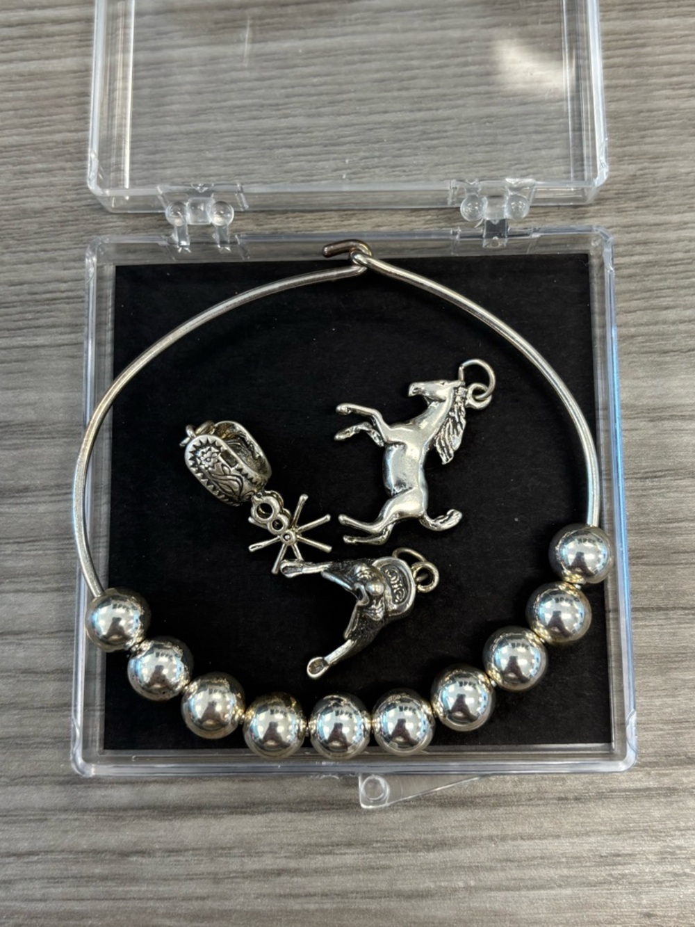 Silver Tone Charm Bangle Bracelet with Horse and Western Charms